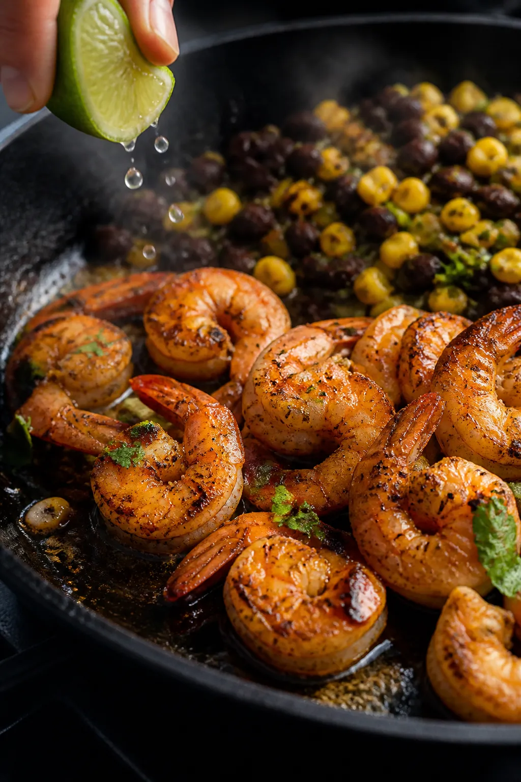Cooking process close-up: Sizzling chili-cumin shrimp in a hot skillet, midway through cooking, shri