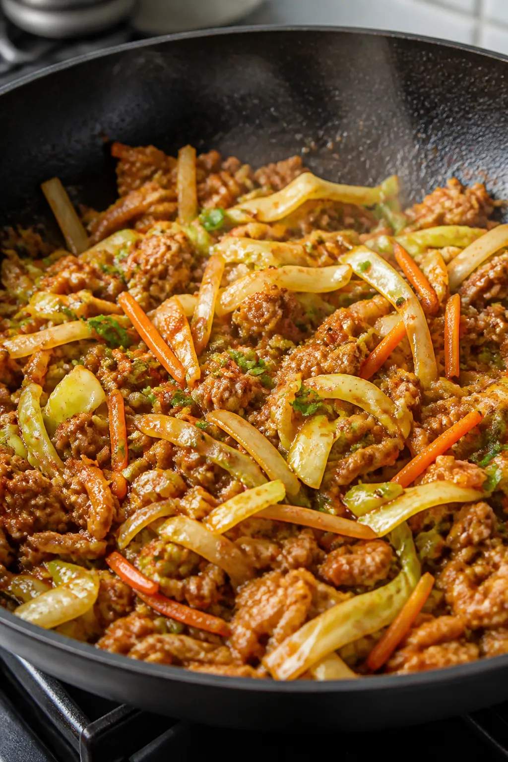 Cooking process, close-up: Sizzling egg roll in a bowl in a large black skillet, ground turkey brown