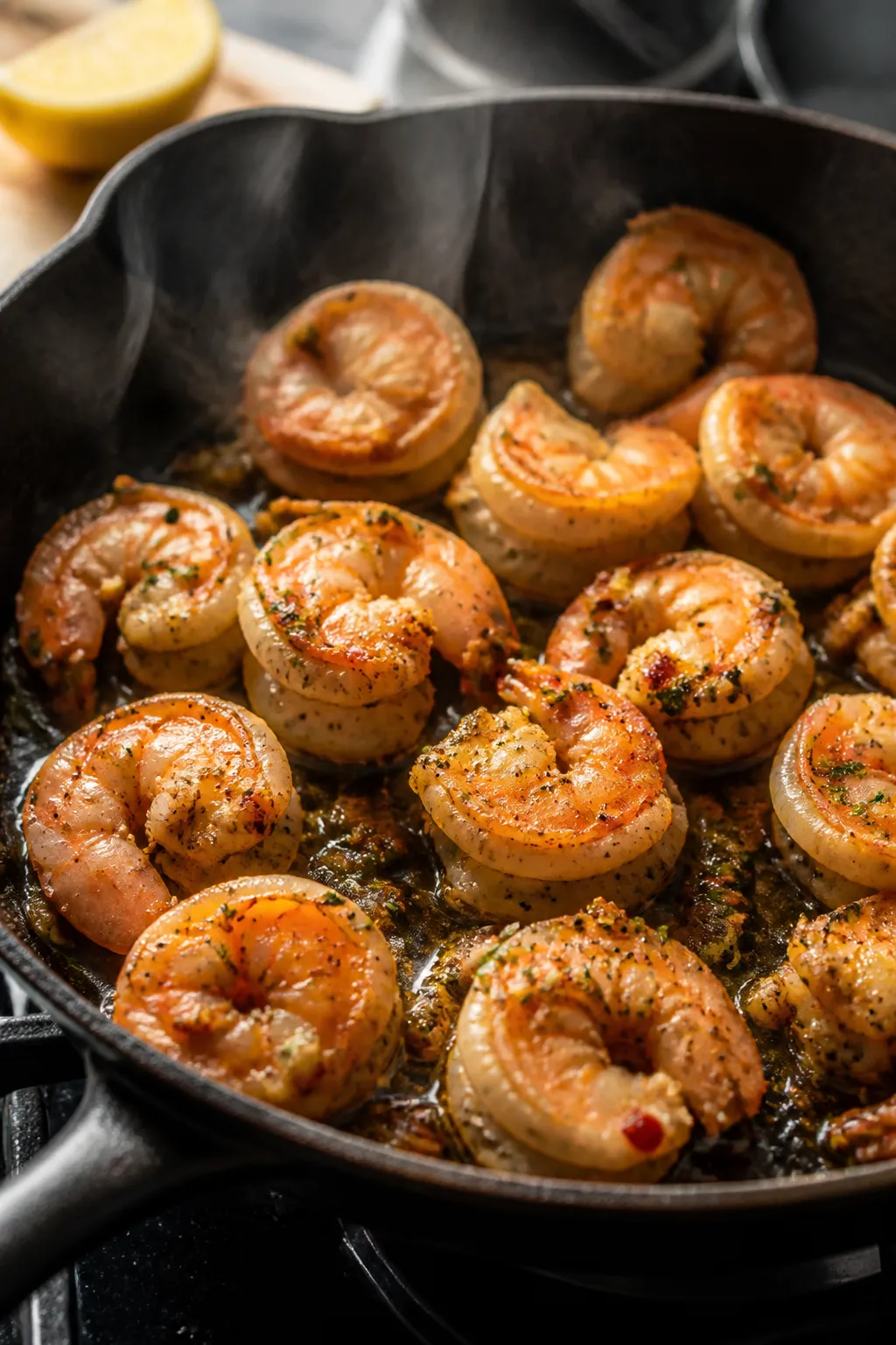 Cooking process close-up: Sizzling Mediterranean shrimp in a black skillet over medium-high heat, li