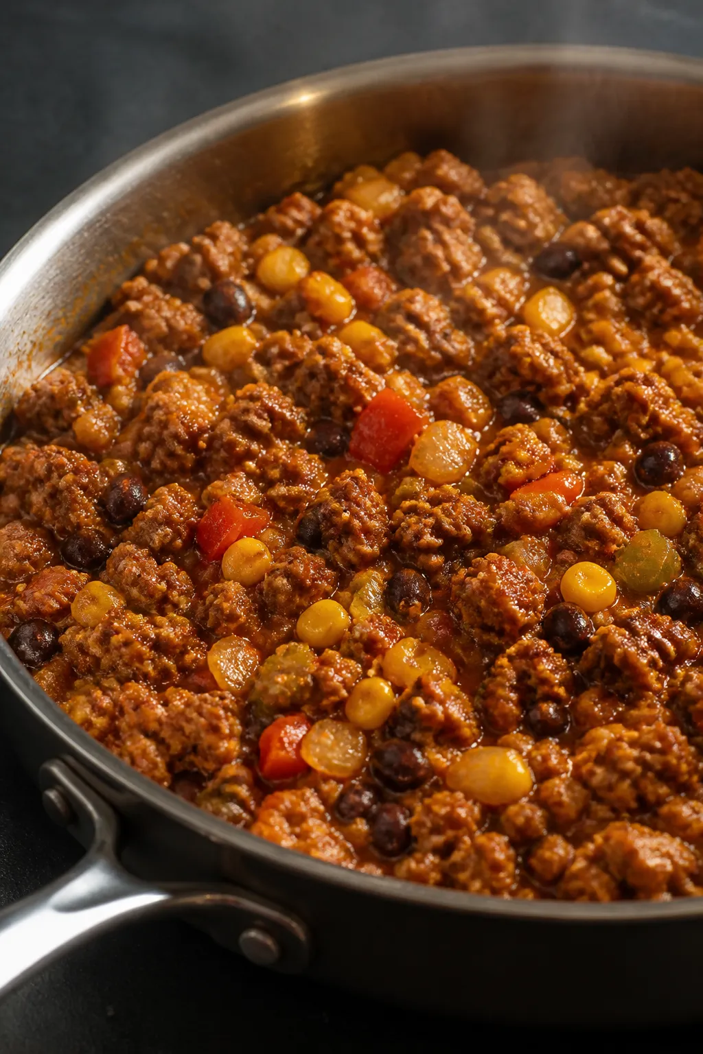 Cooking process close-up: Sizzling taco-seasoned ground turkey with black beans and corn in a stainl
