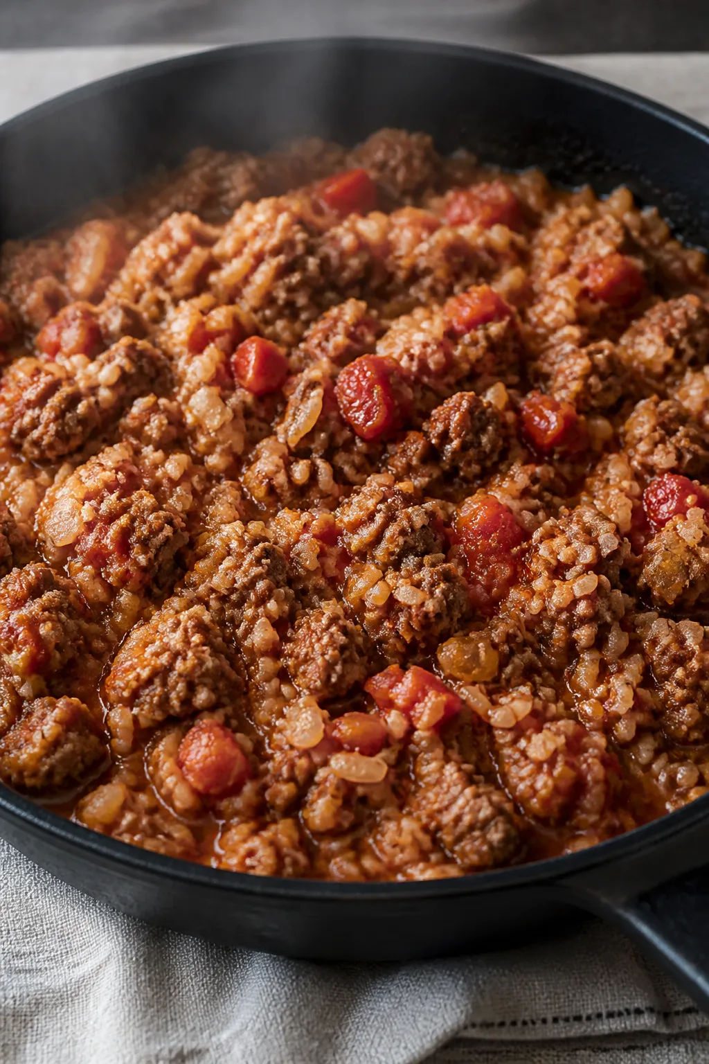 Cooking process close-up: Skillet shot of browned lean ground beef mixed with finely diced onion, mi
