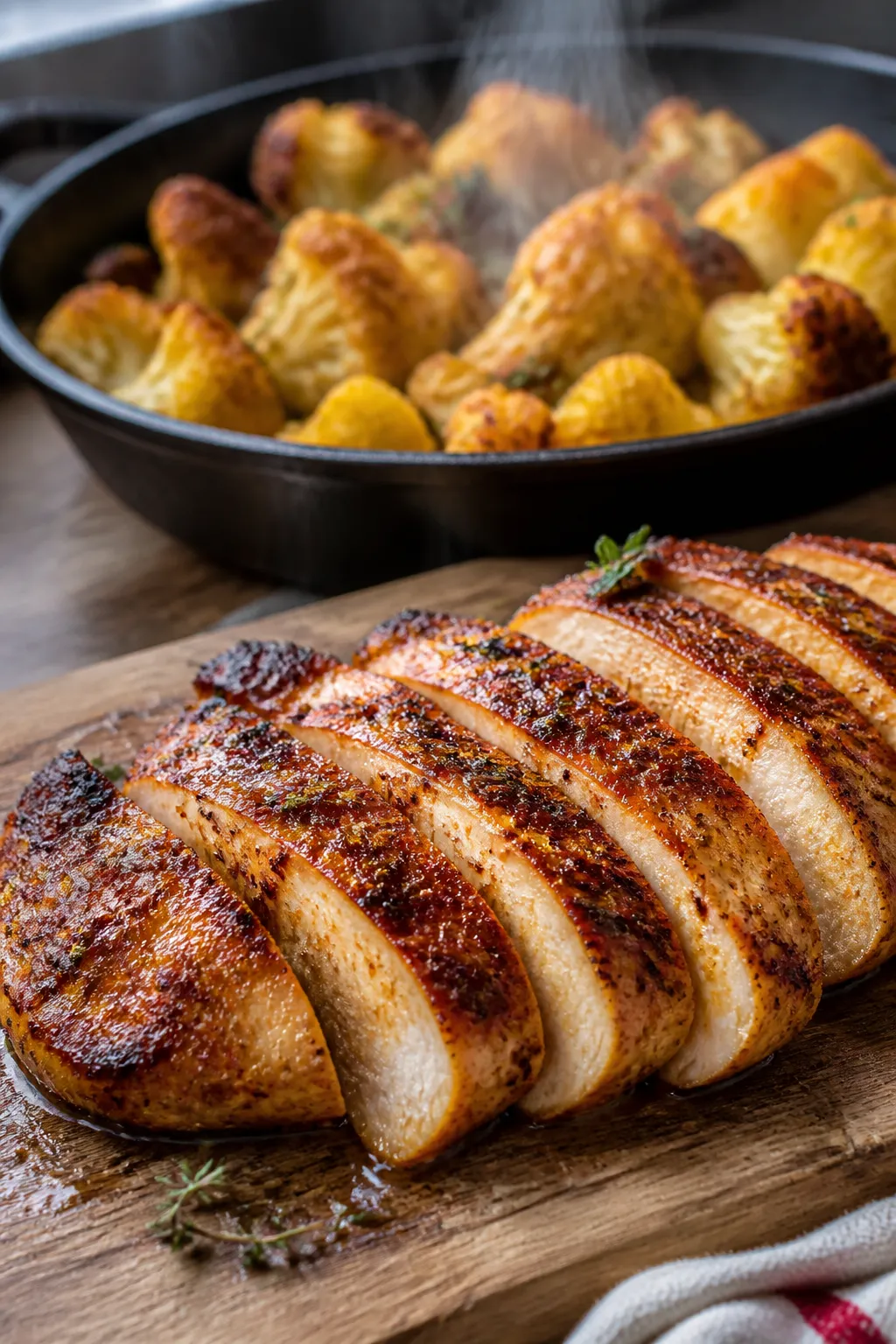 Cooking process close-up: Sliced grilled chicken breast resting on a wooden board, juices glistening