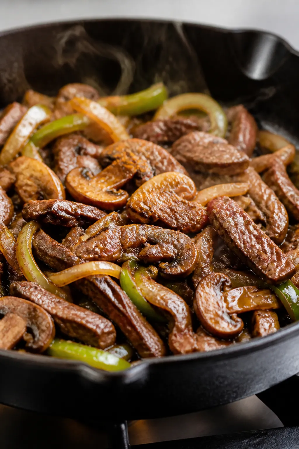 Cooking process close-up: Thinly sliced lean steak sizzling in a hot skillet with caramelized onions