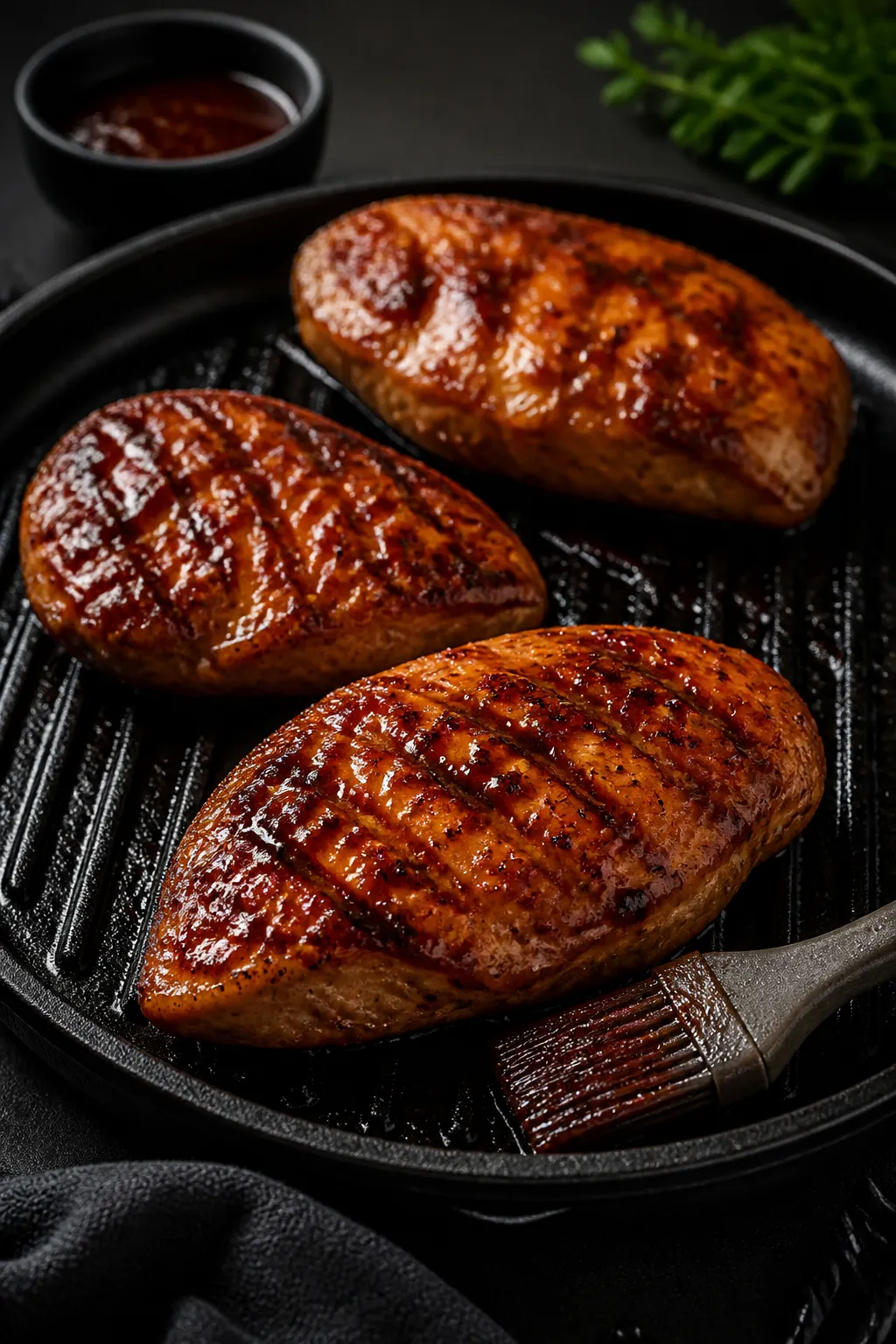 Cooking process, grill close-up: Juicy BBQ chicken breasts sizzling on a grill pan, brushed in the l