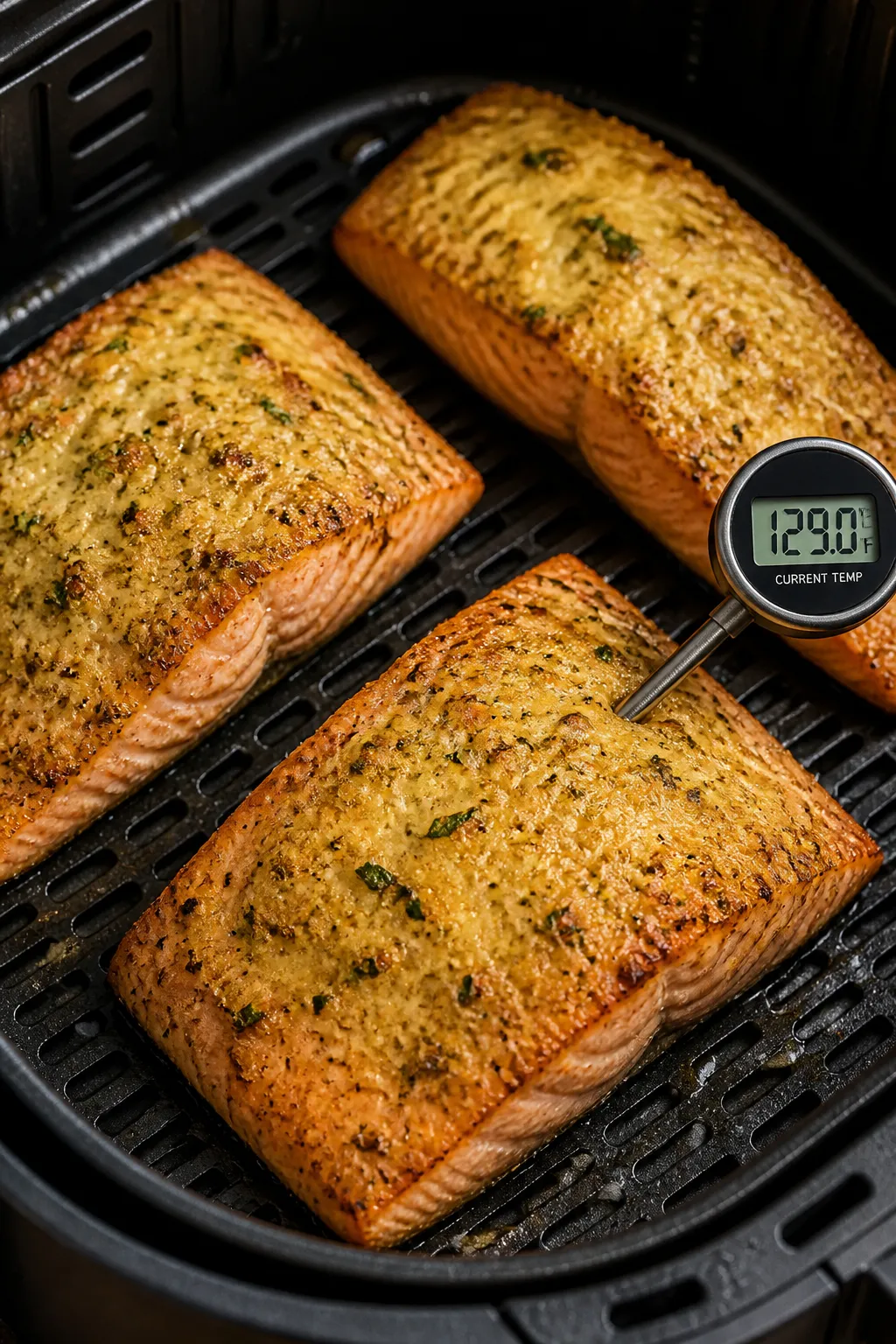 Cooking process hero: Salmon fillets mid-cook inside the air fryer at 390°F, topping set and beginn