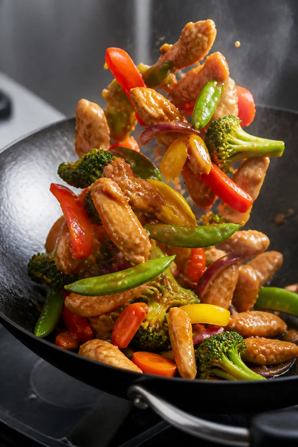 Cooking process — High-heat stir-fry action in a wok: thinly sliced chicken just cooked and lightl