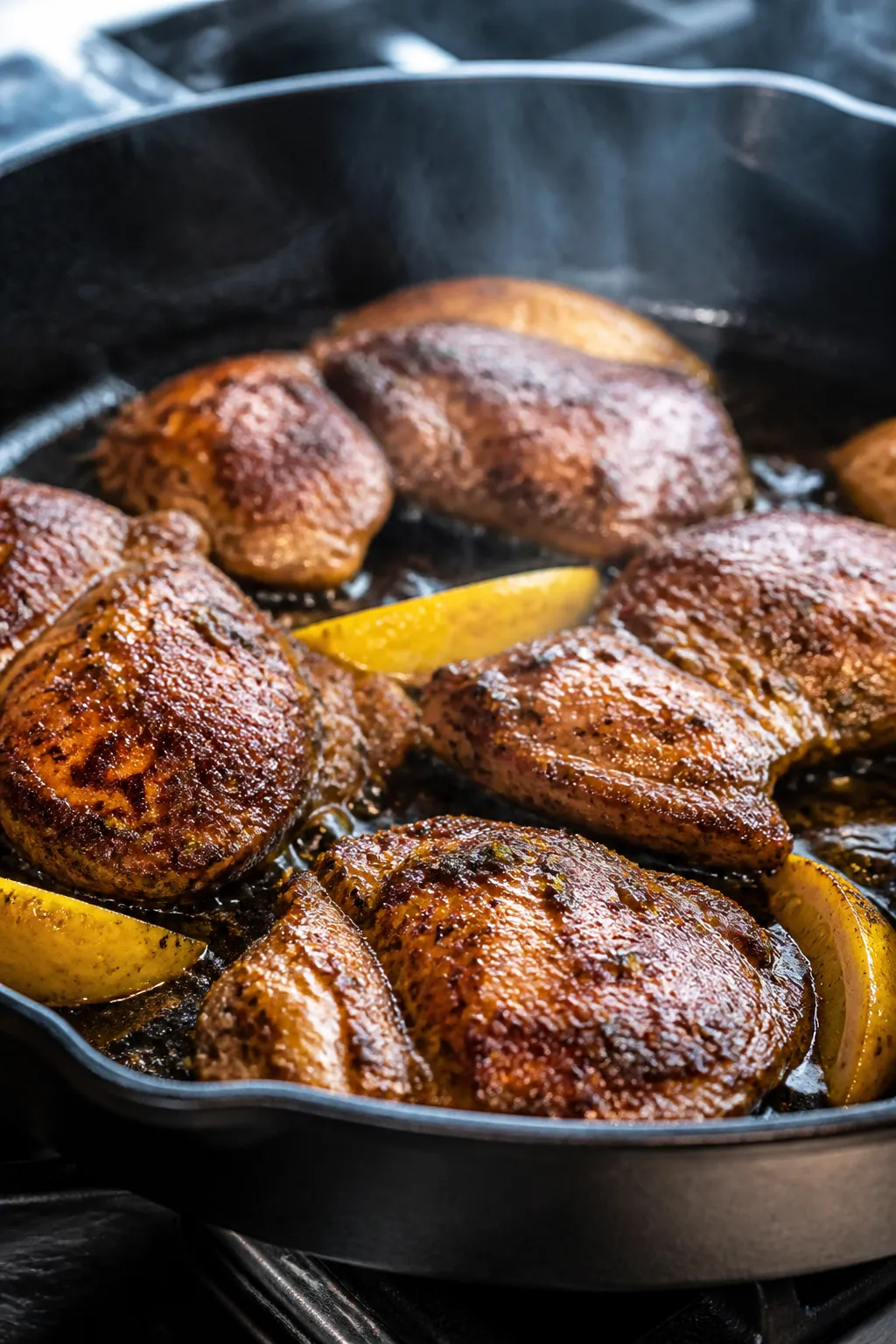 Cooking process: Marinated chicken thigh pieces sizzling in a large cast-iron skillet over medium-hi