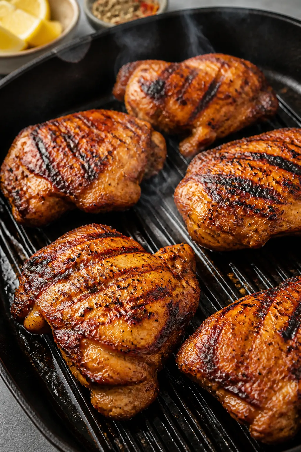 Cooking process — Marinated chicken thighs searing on a hot grill pan, deep golden-brown char and