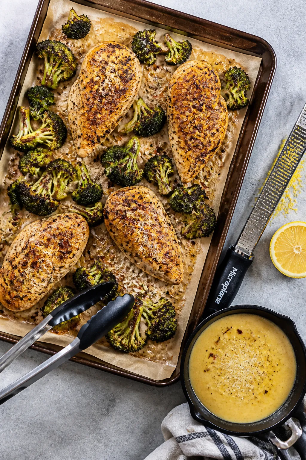 Cooking process: Overhead shot of a hot sheet pan just out of a 425°F oven, showing evenly browned