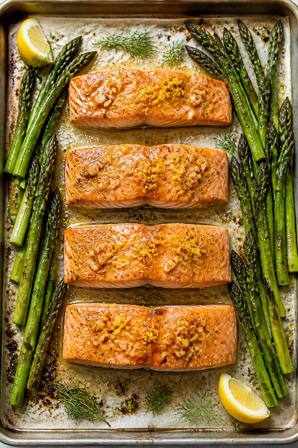 Cooking process: Overhead shot of a hot sheet pan mid-roast at 425°F showing four salmon fillets ce