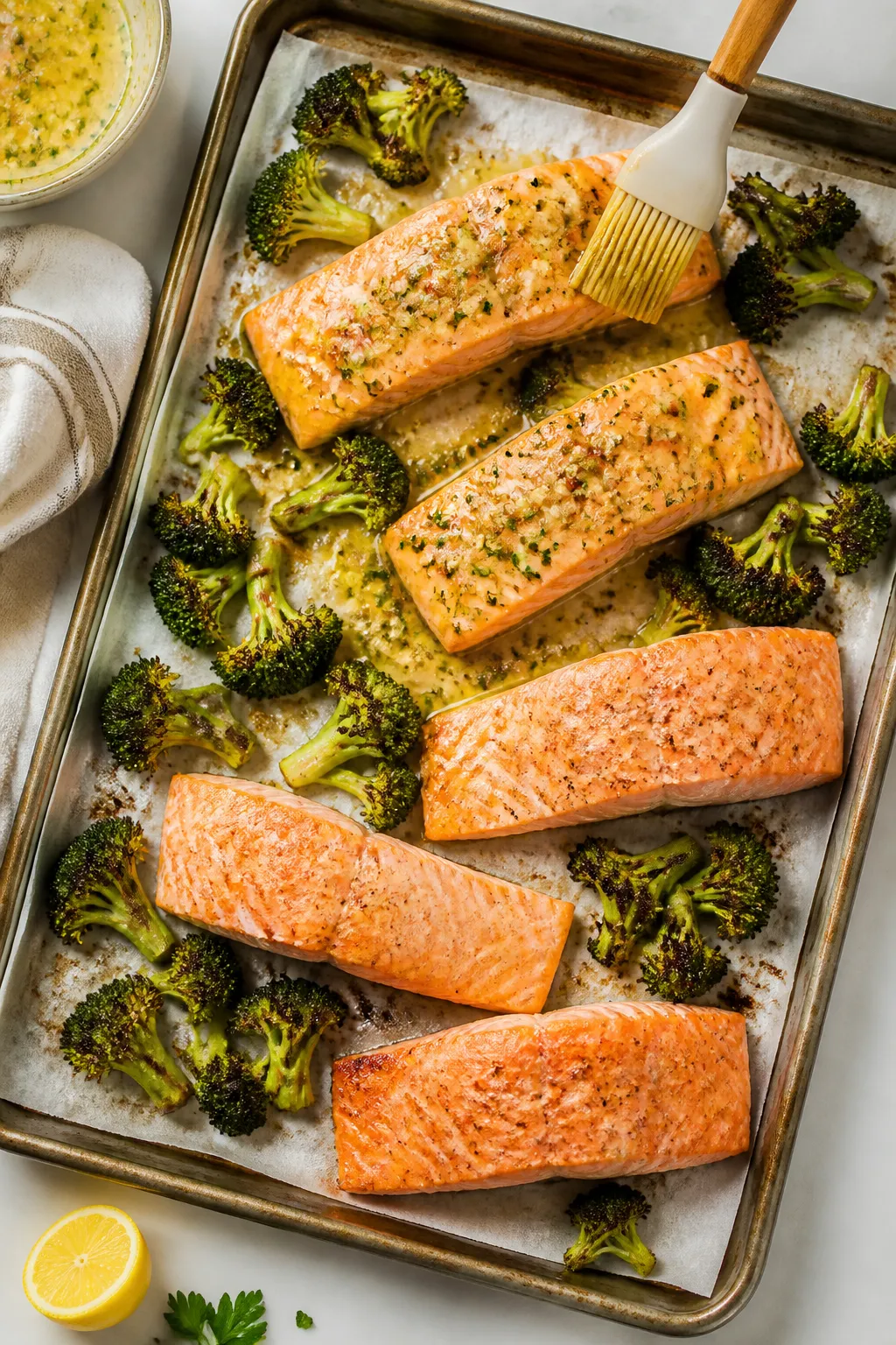 Cooking process: Overhead shot of a one-pan roast midway through cooking—salmon fillets nestled am
