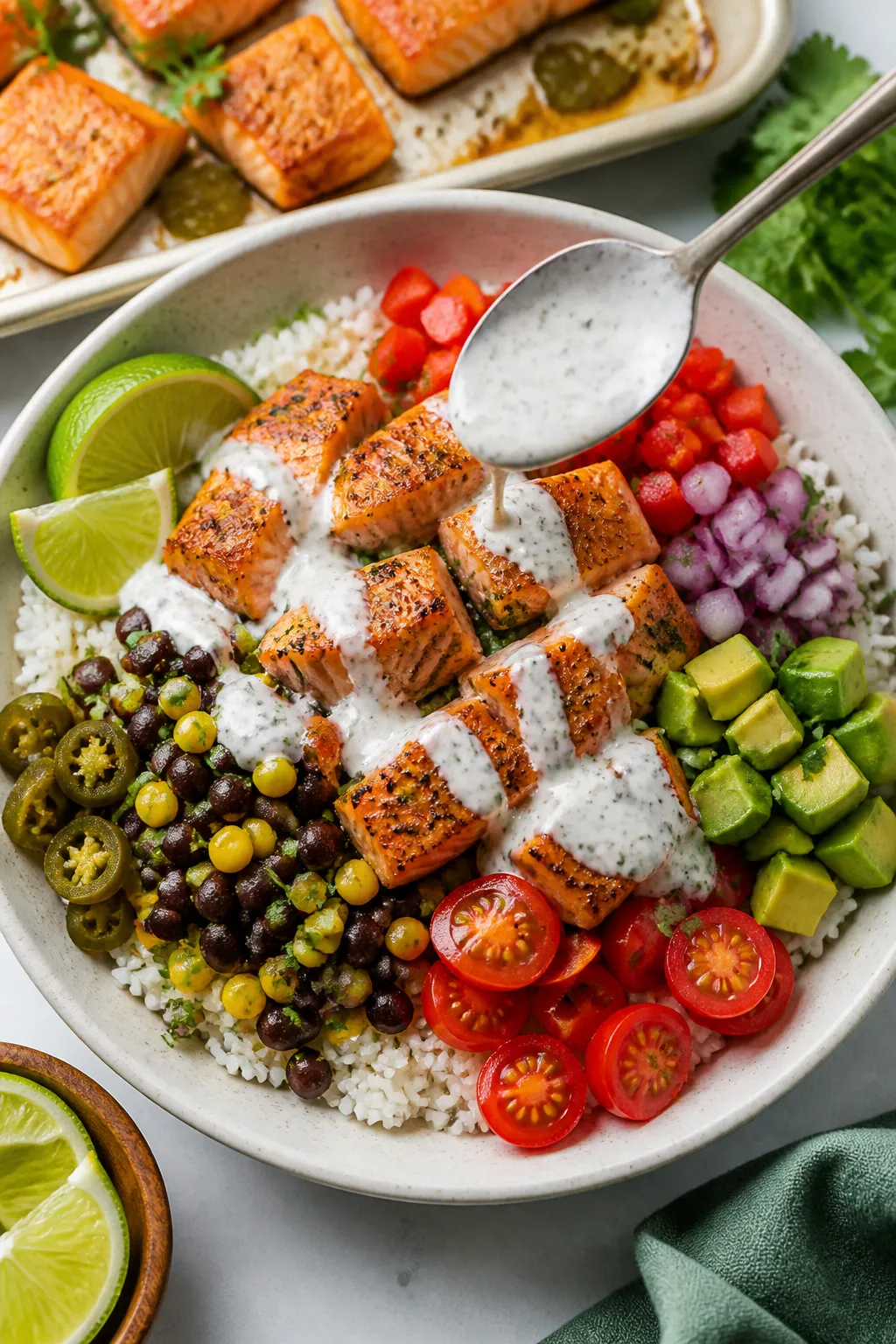 Cooking process: Overhead shot of assembled burrito bowl components being layered—warm black beans