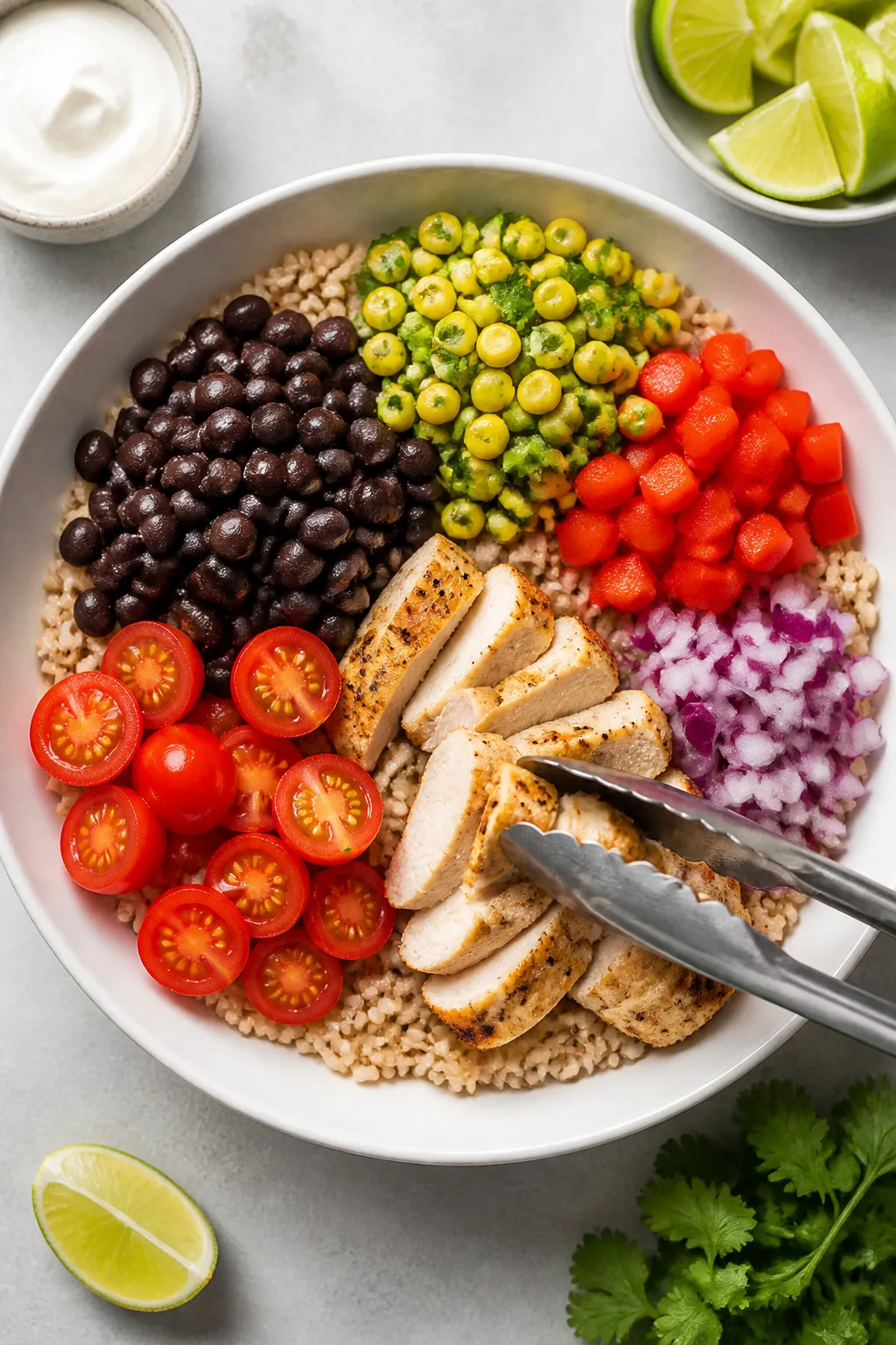 Cooking process: Overhead shot of burrito bowl assembly in progress on a clean prep surface—warm f