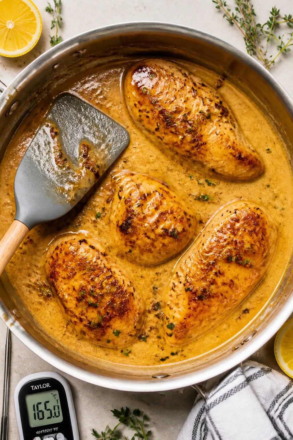 Cooking process: Overhead shot of chicken breasts gently simmering in honey mustard sauce after sear