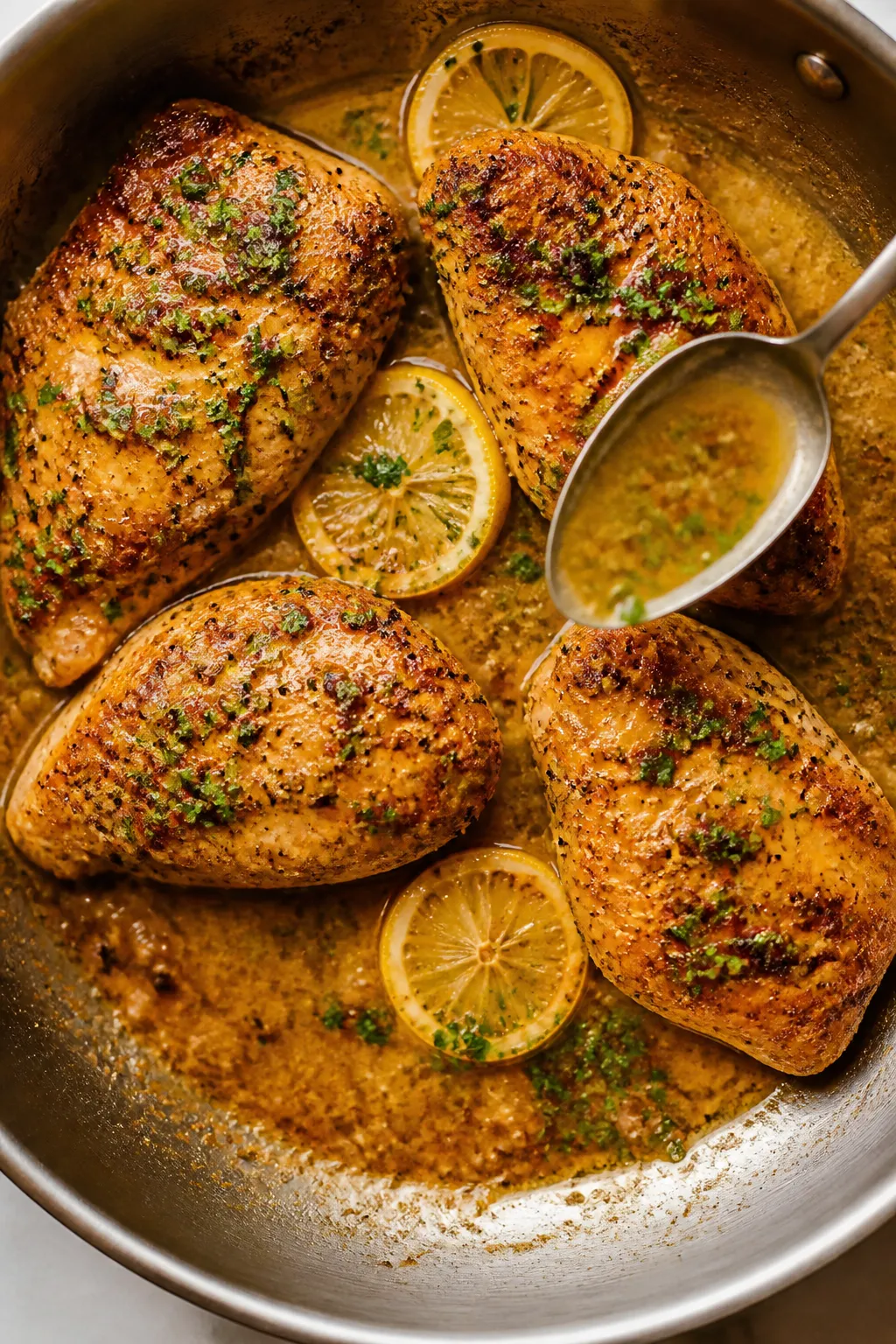 Cooking process: Overhead shot of chicken breasts just returned to the skillet before oven finish, s