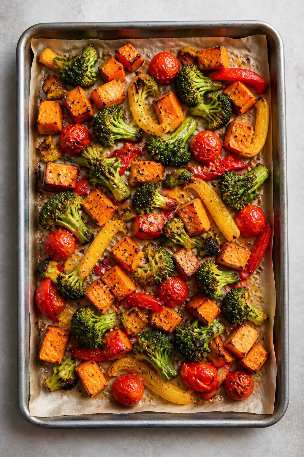 Cooking process: Overhead shot of colorful roasted veggies on a sheet pan—cubed sweet potatoes wit