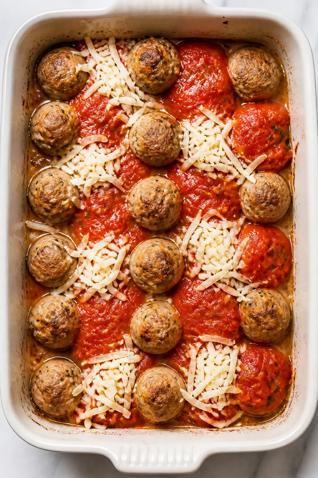 Cooking process: Overhead shot of golf ball–sized meatballs in a greased 9x13 pan after first bake