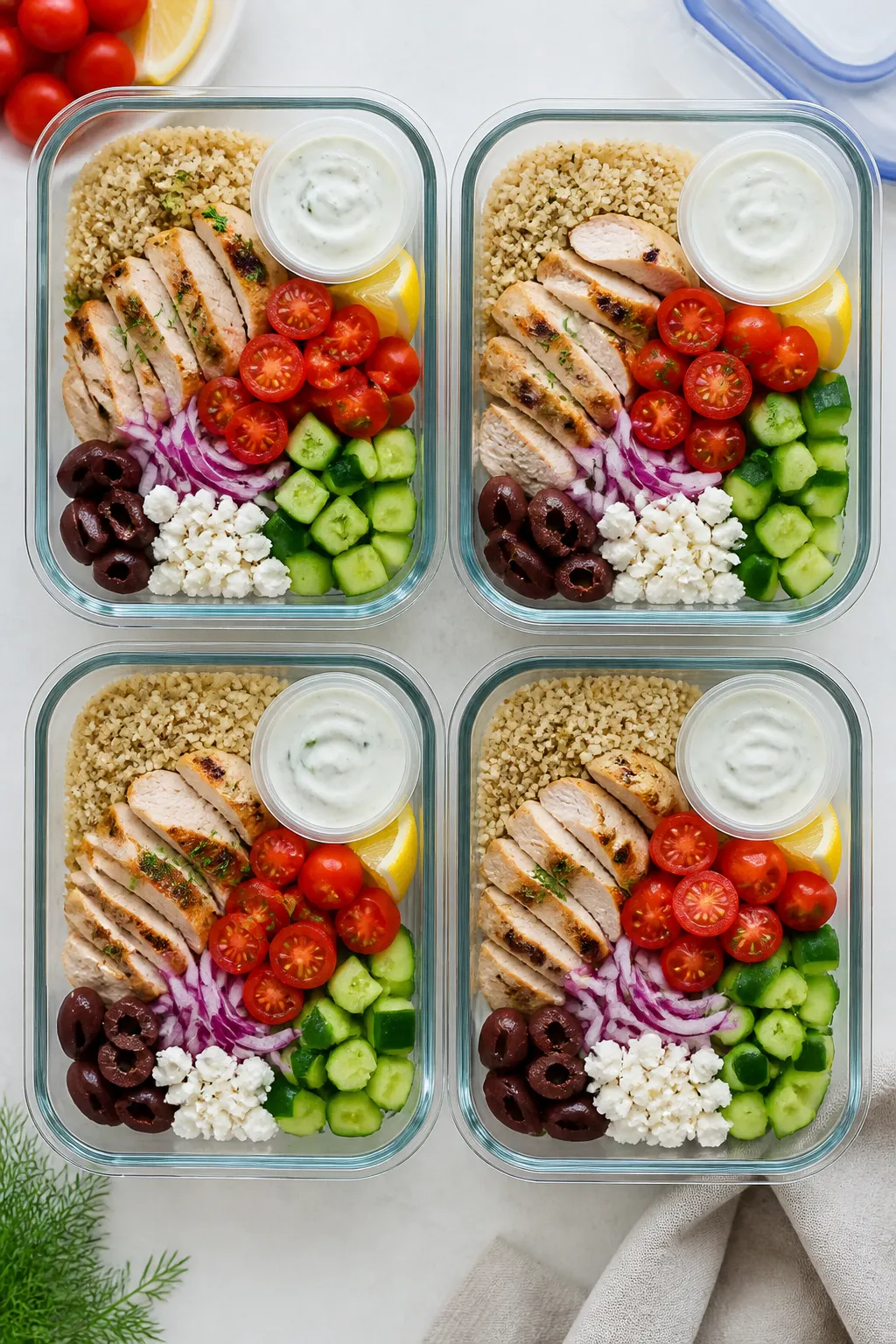 Cooking process: Overhead shot of meal prep assembly in progress—four airtight containers partiall