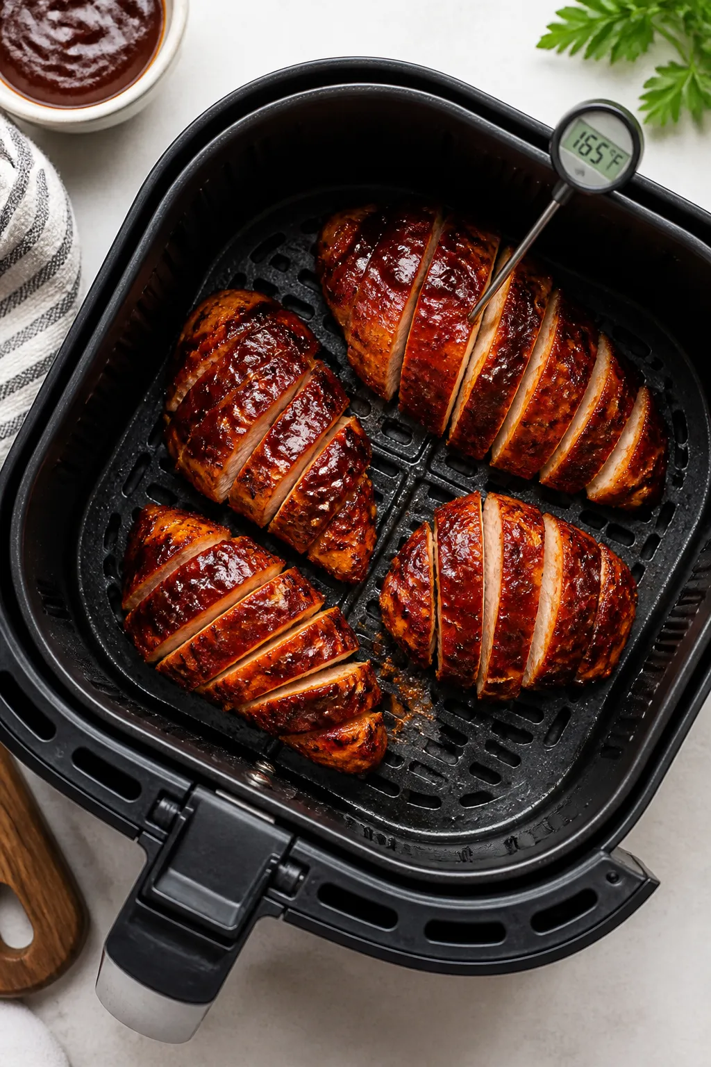 Cooking process: Overhead shot of sliced air-fried BBQ chicken breasts in an open air fryer basket a