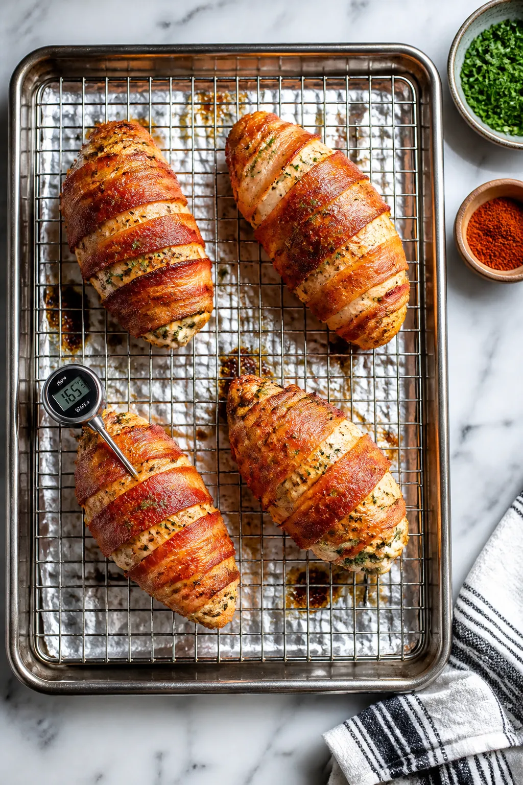 Cooking process: Overhead shot of stuffed bacon-wrapped chicken breasts on a rack mid-bake at 400°F