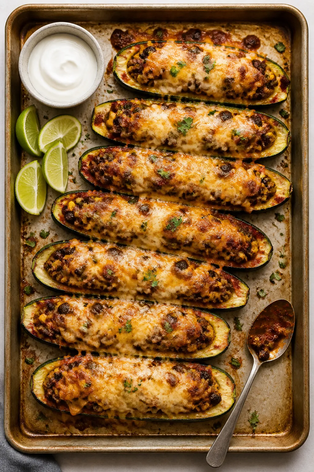 Cooking process: Overhead shot of taco-stuffed zucchini boats fresh out of the oven on a sheet pan, 