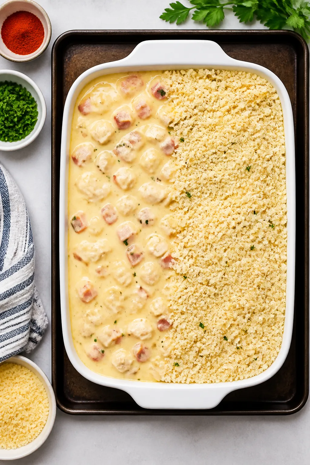 Cooking process: Overhead shot of the assembled casserole right before baking, showing an even layer
