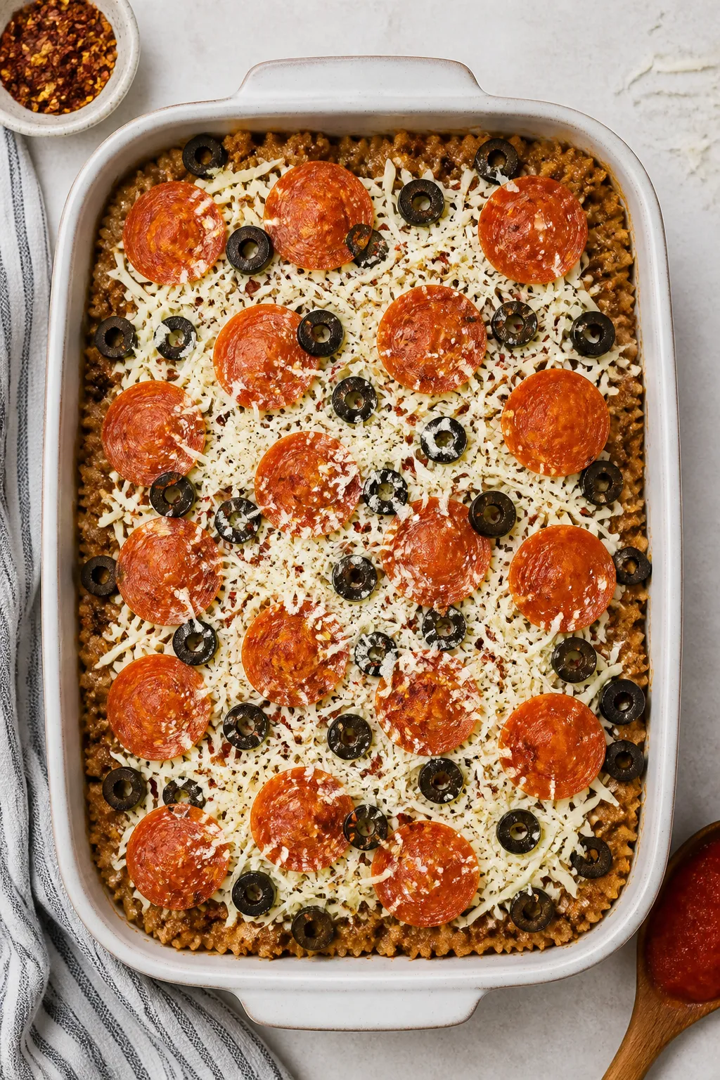 Cooking process: Overhead shot of the assembled casserole in a 9x13 baking dish right before baking,