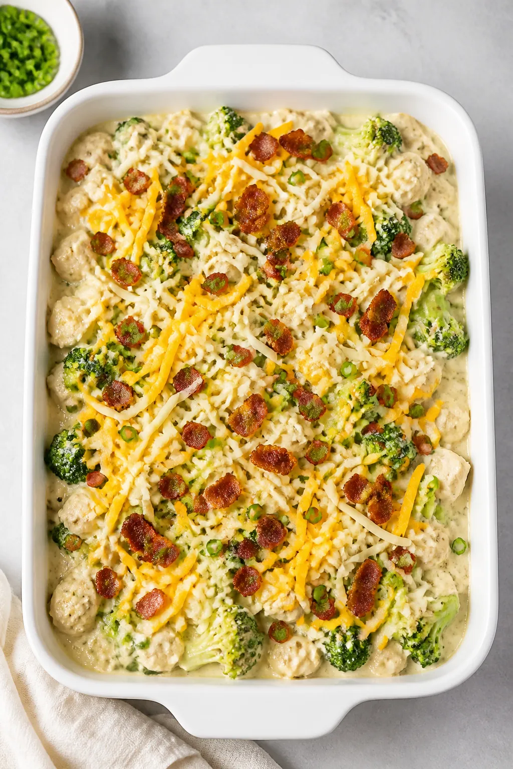 Cooking process: Overhead shot of the casserole being assembled in a 9x13 white baking dish—par-co