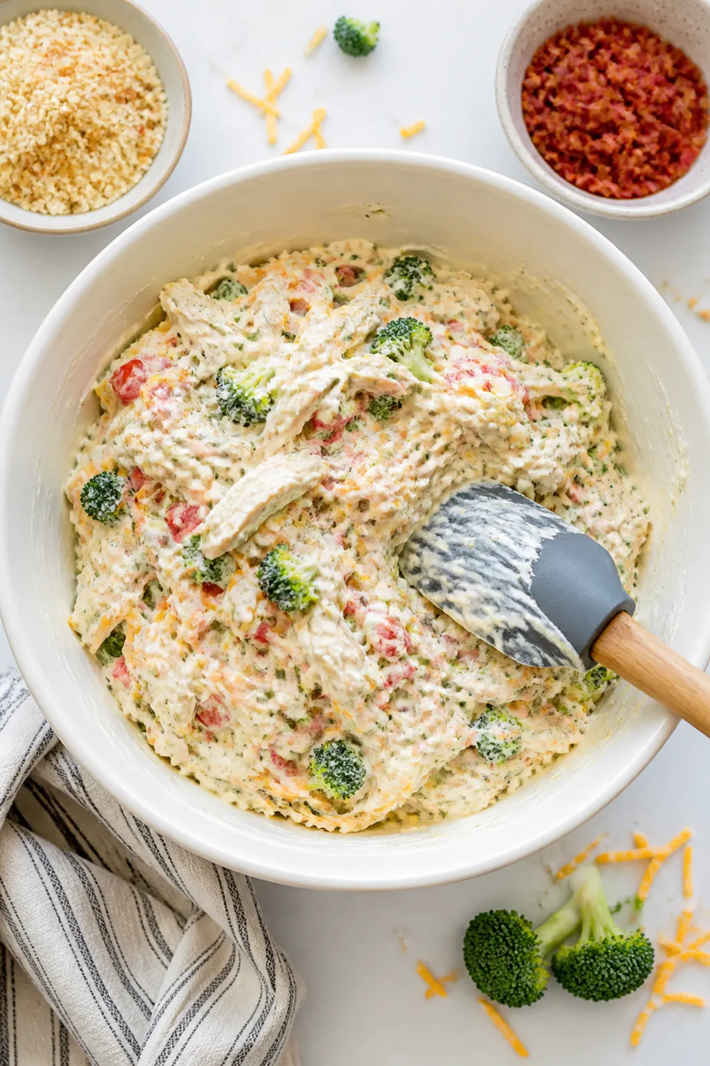 Cooking process: Overhead shot of the creamy yogurt-ranch base being folded together with shredded c