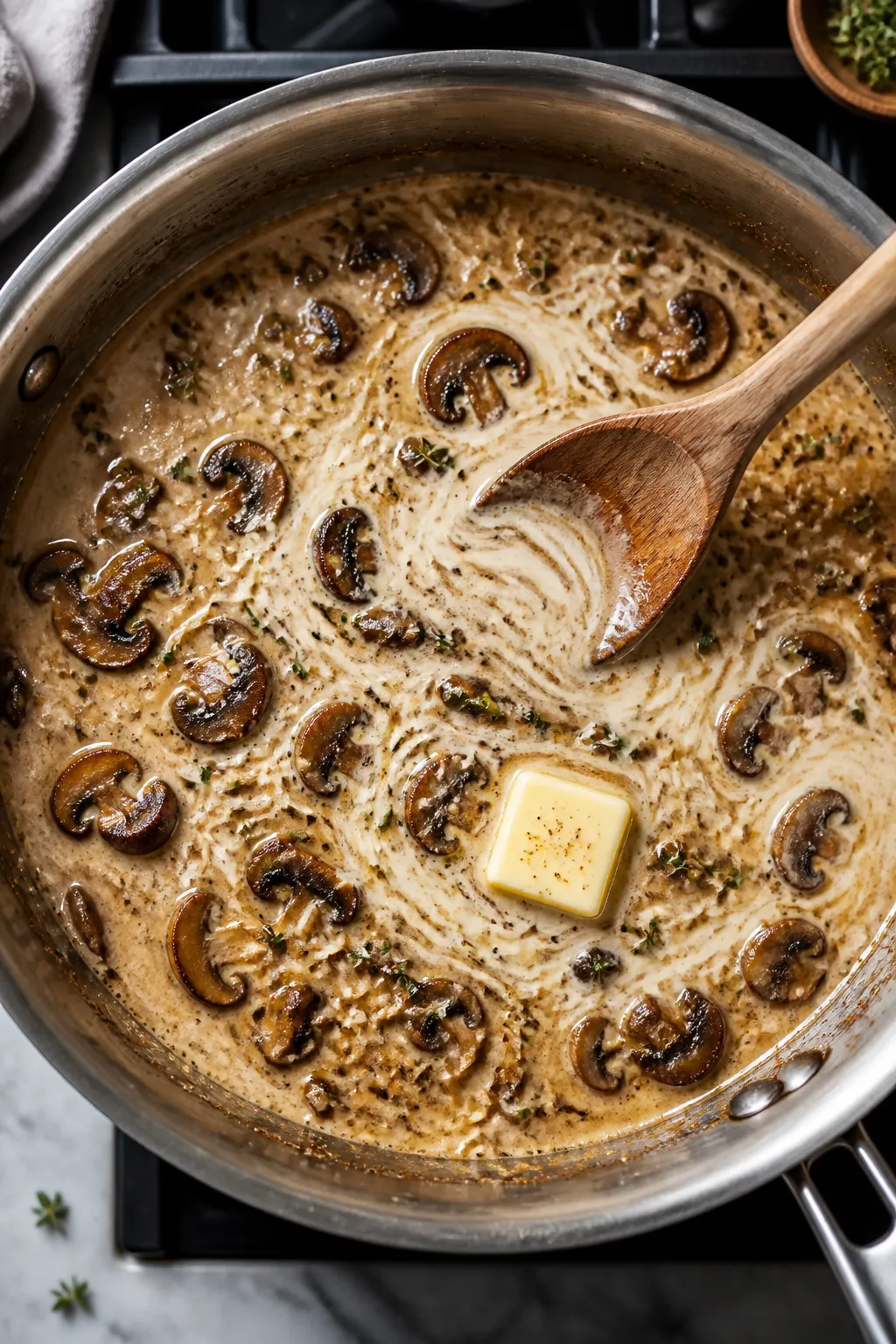 Cooking process: Overhead shot of the deglazing and cream stage—mushrooms and fond in a wide stain