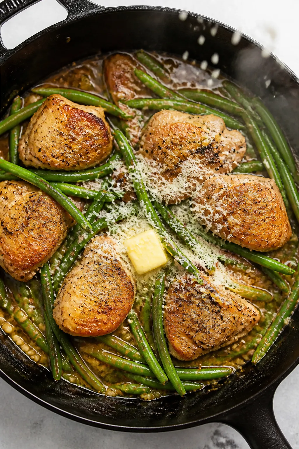 Cooking process: Overhead shot of the dish mid-skillet after deglazing—chicken just returned to th