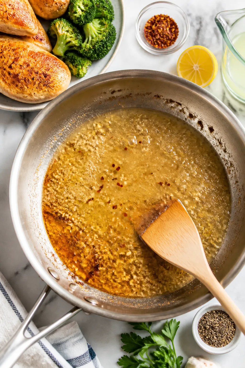 Cooking process: Overhead shot of the one-pan sauce stage—melted butter bubbling around minced gar