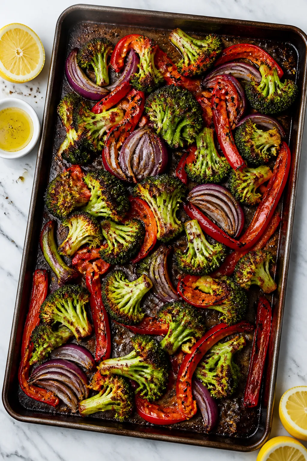 Cooking process: Overhead shot of vibrant roasted veggies on a sheet pan—broccoli florets with car