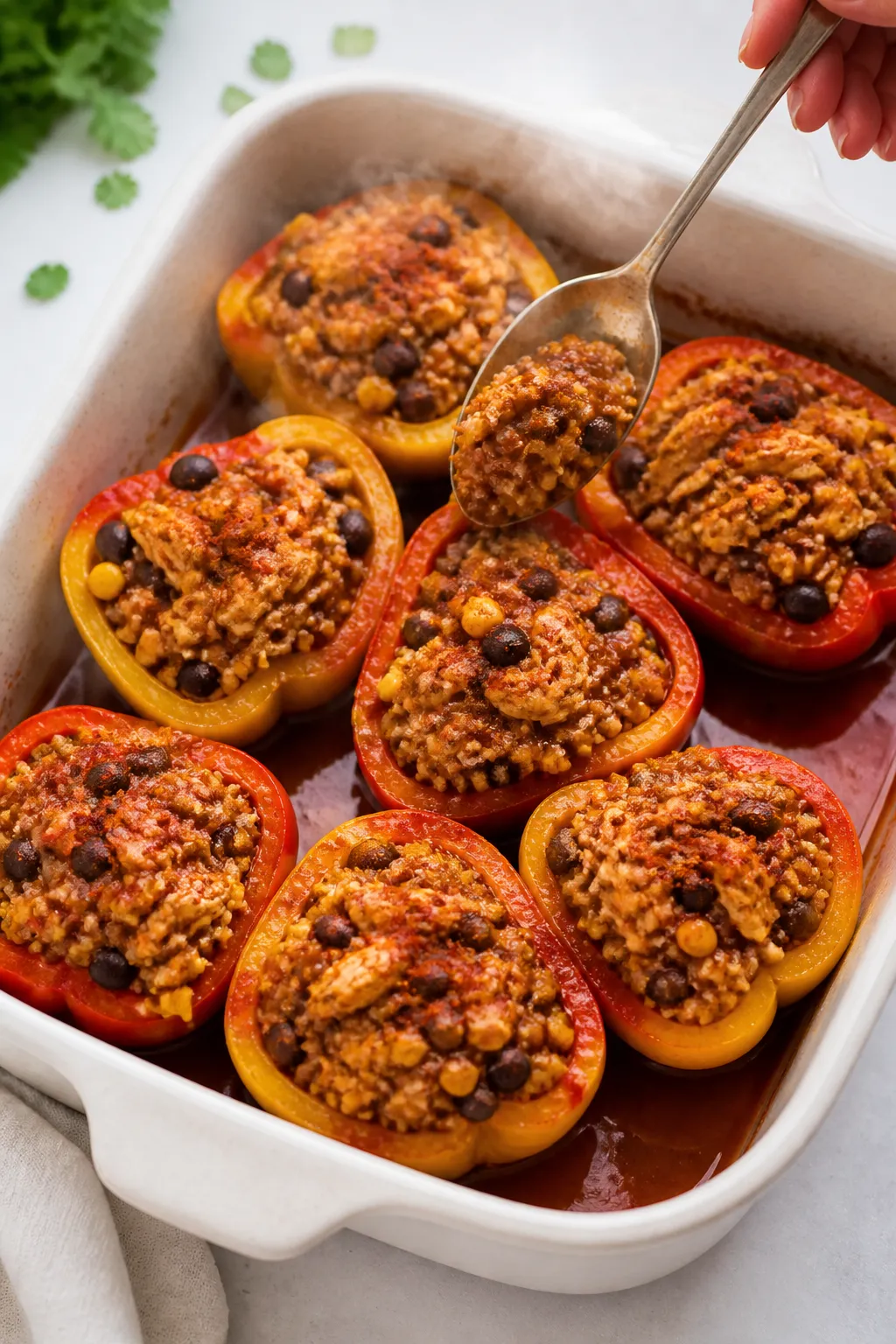 Cooking process: Par-baked bell pepper halves snug in a lightly oiled baking dish, being spoon-fille