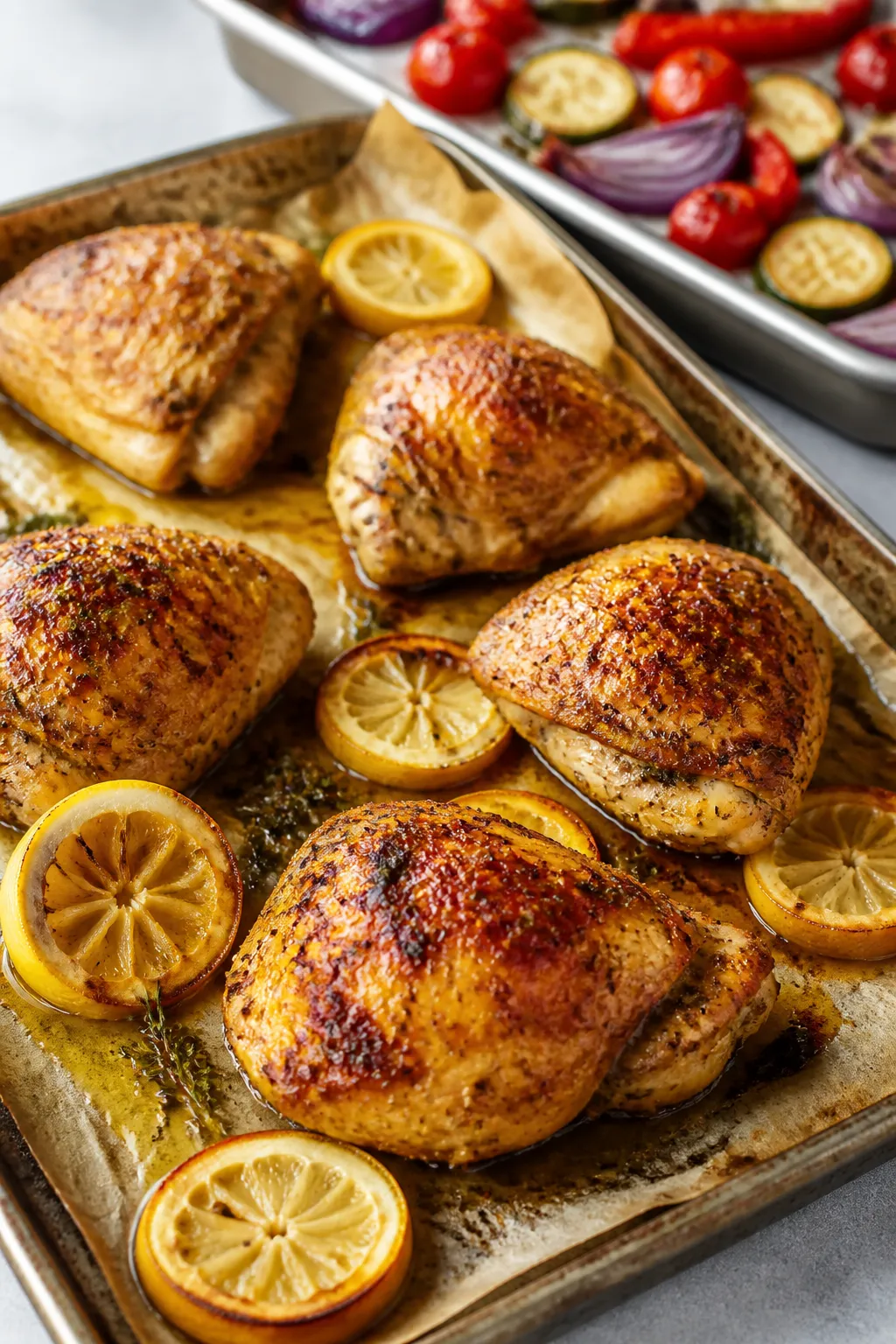 Cooking process: Roasted Greek lemon chicken thighs on a parchment-lined sheet pan at peak doneness,