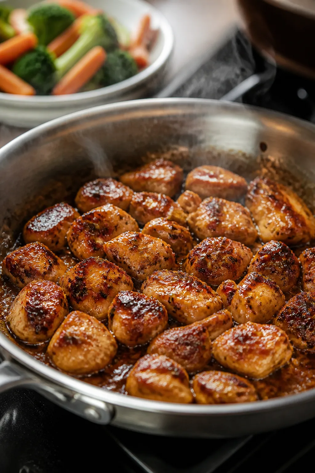 Cooking process – Searing and glazing: Honey mustard marinated chicken bites sizzling in a large s