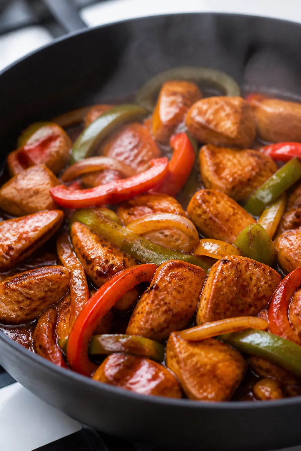 Cooking process — Searing and saucing: Close-up of bite-size chicken pieces and sautéed bell pepp