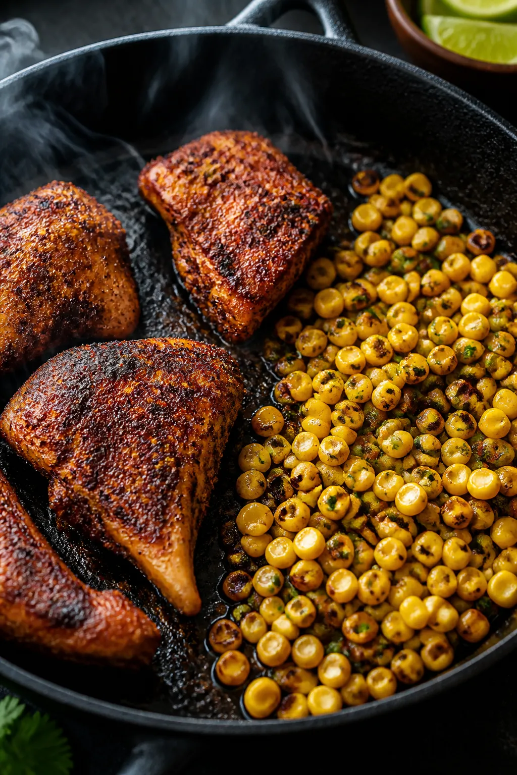Cooking process: Searing spiced chicken in a cast-iron skillet, golden-brown crust forming with visi