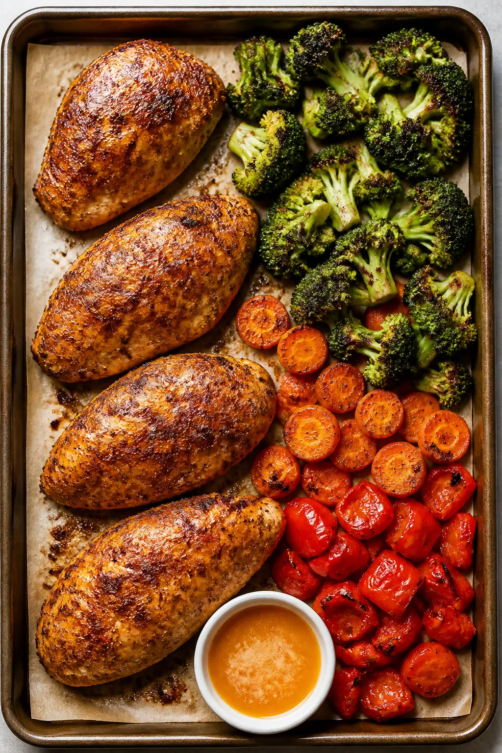 Cooking process: Sheet pan fresh from the oven showing perfectly roasted components—golden, spice-