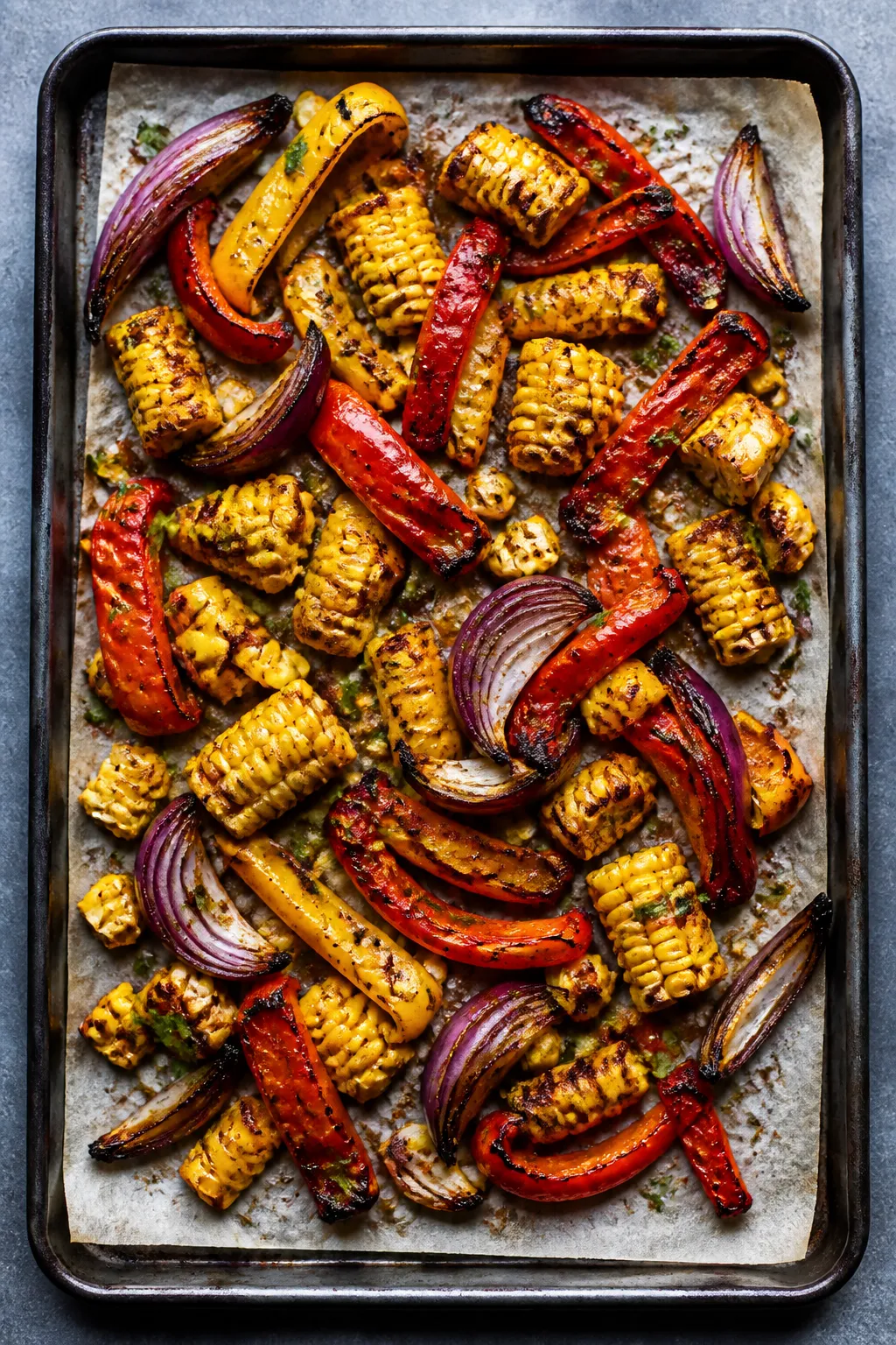 Cooking process: Sheet pan of roasted bell peppers, red onion, and corn fresh from the oven at 425°
