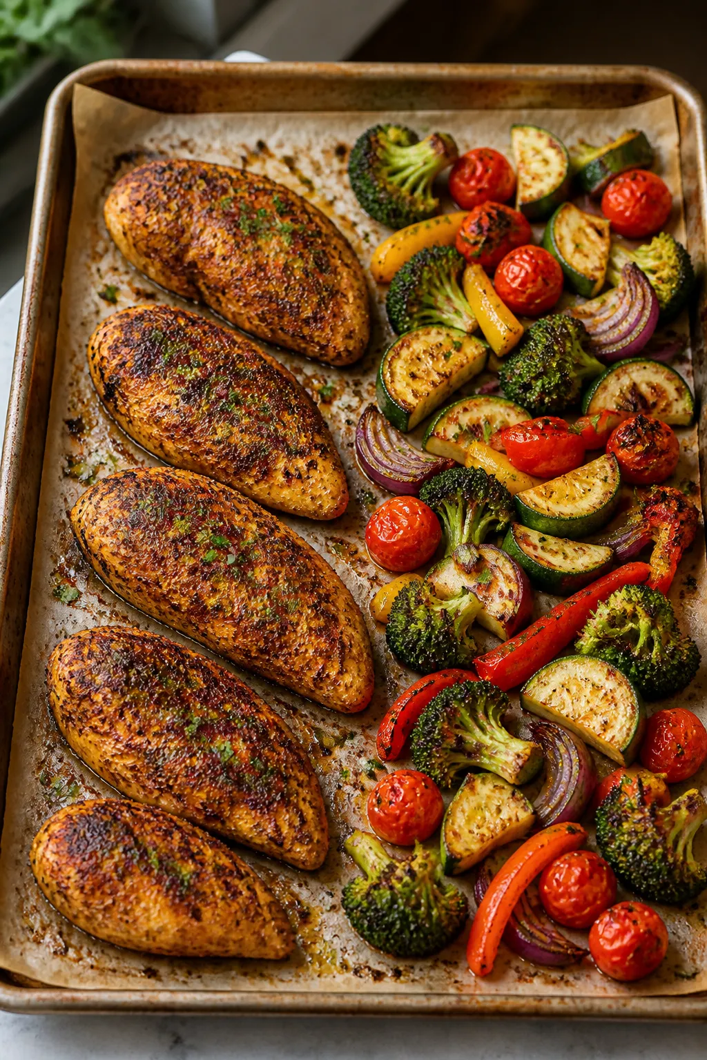 Cooking process: Sheet-pan roast at peak doneness—golden-brown Cajun chicken on one side and roast