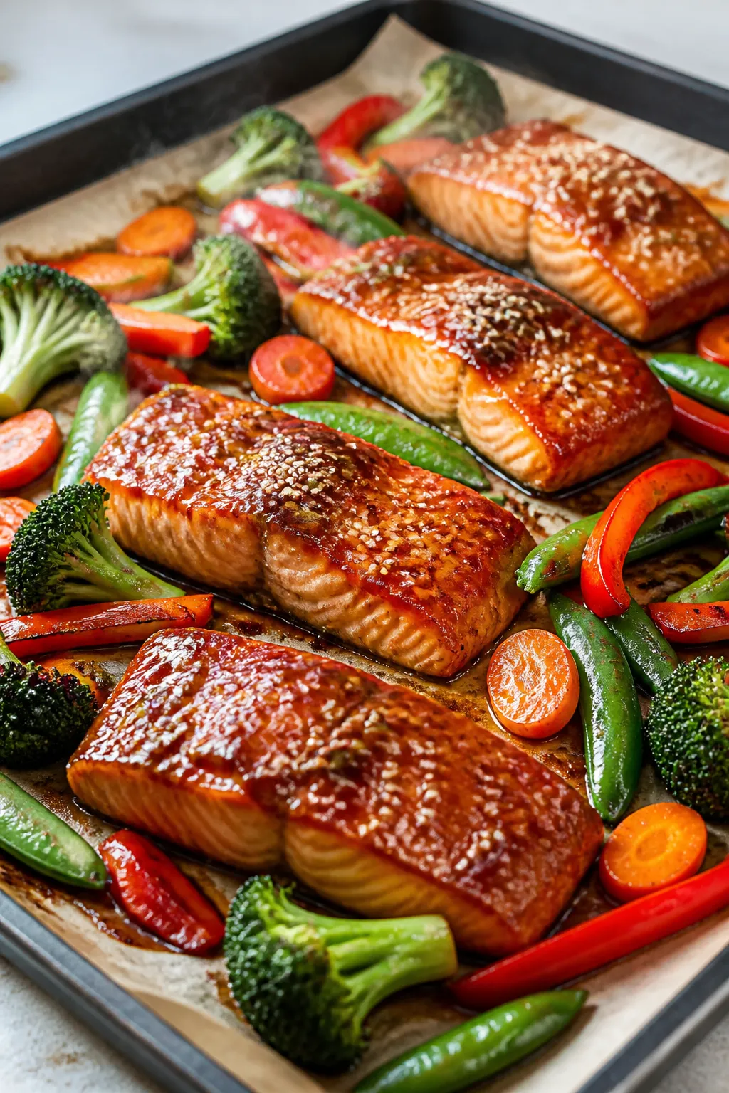 Cooking process — Sheet-pan teriyaki salmon and veggies roasting: golden, flaky salmon fillets bru