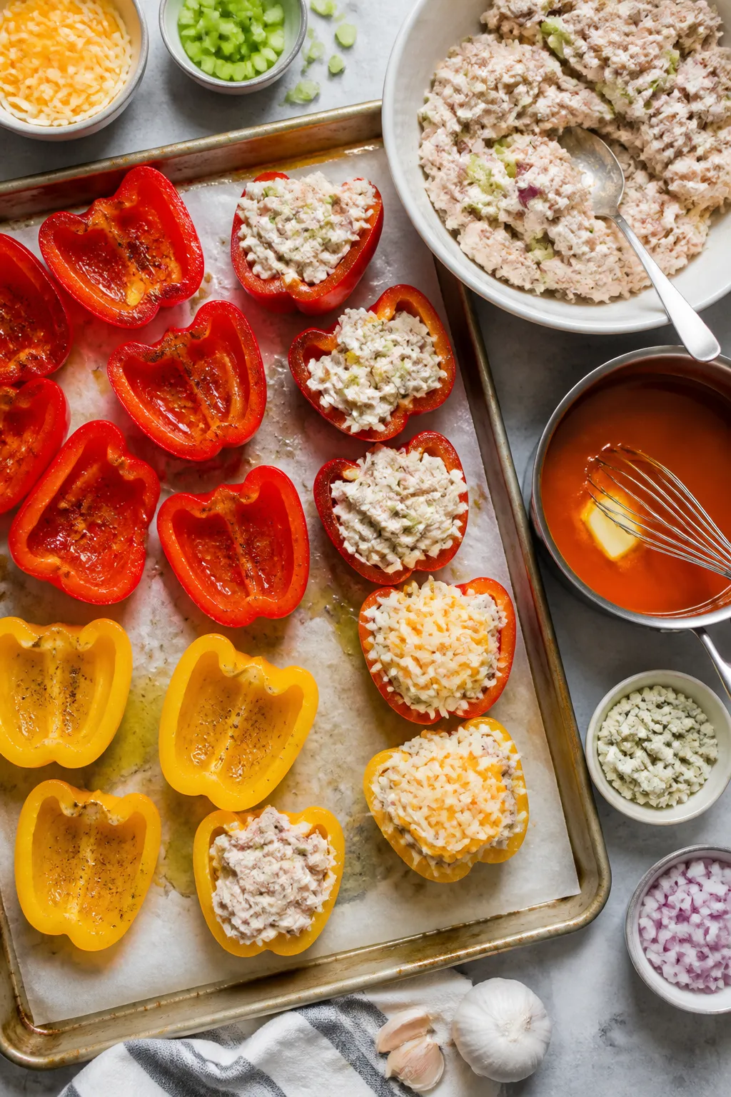 Cooking process shot: Overhead view of pepper halves being stuffed on a parchment-lined sheet—vibr