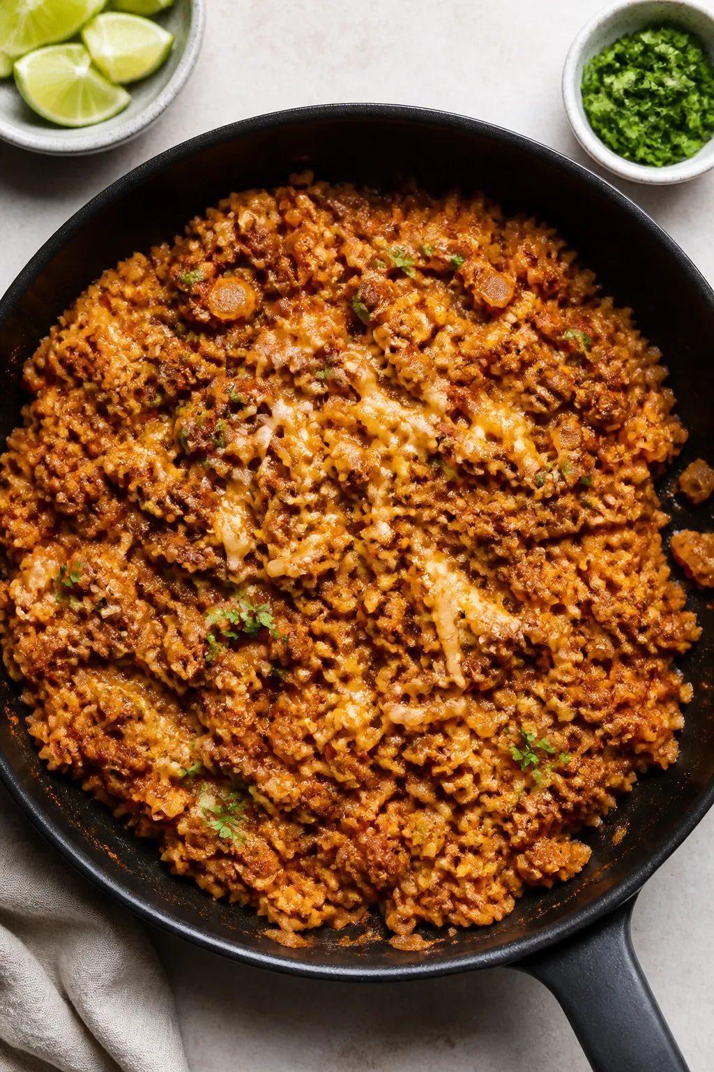 Cooking process shot: Overhead view of the skillet filling being finished on the stovetop—browned