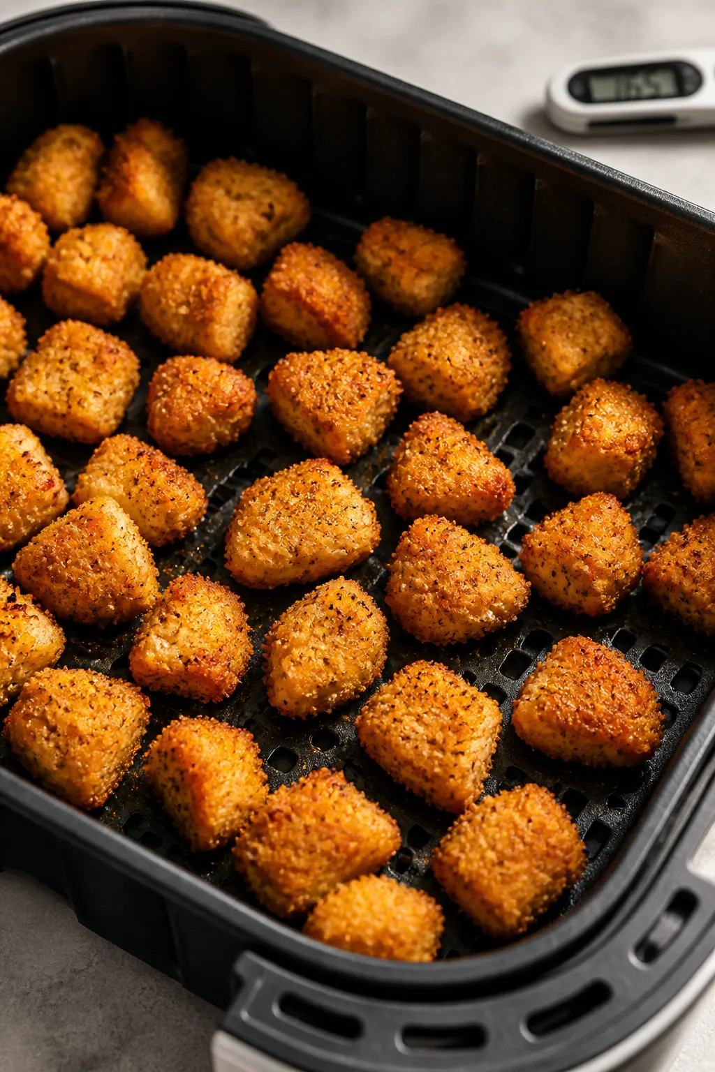 Cooking process: Single layer of coated chicken bites arranged in an air fryer basket, lightly miste