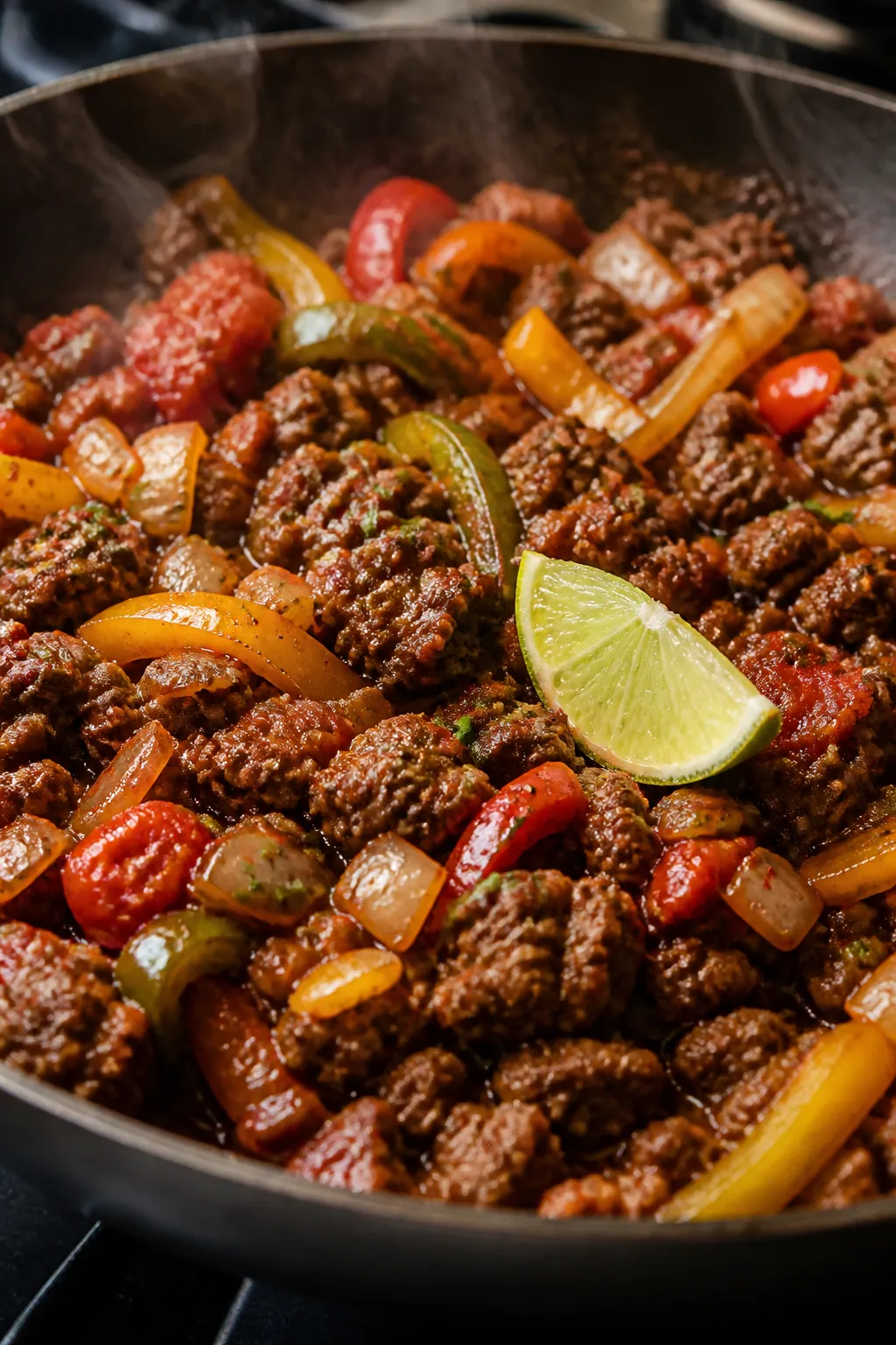 Cooking process — sizzling Mexican-spiced beef and veggies: Close-up of browned ground beef simmer