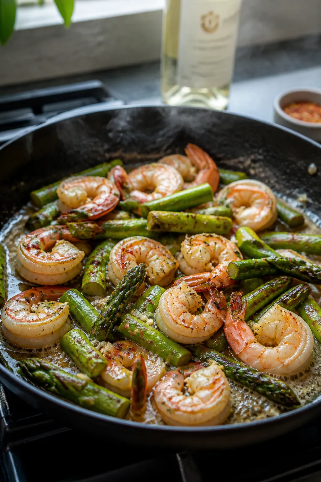 Cooking process, skillet action: One-pan garlic shrimp and asparagus sizzling in a large black skill