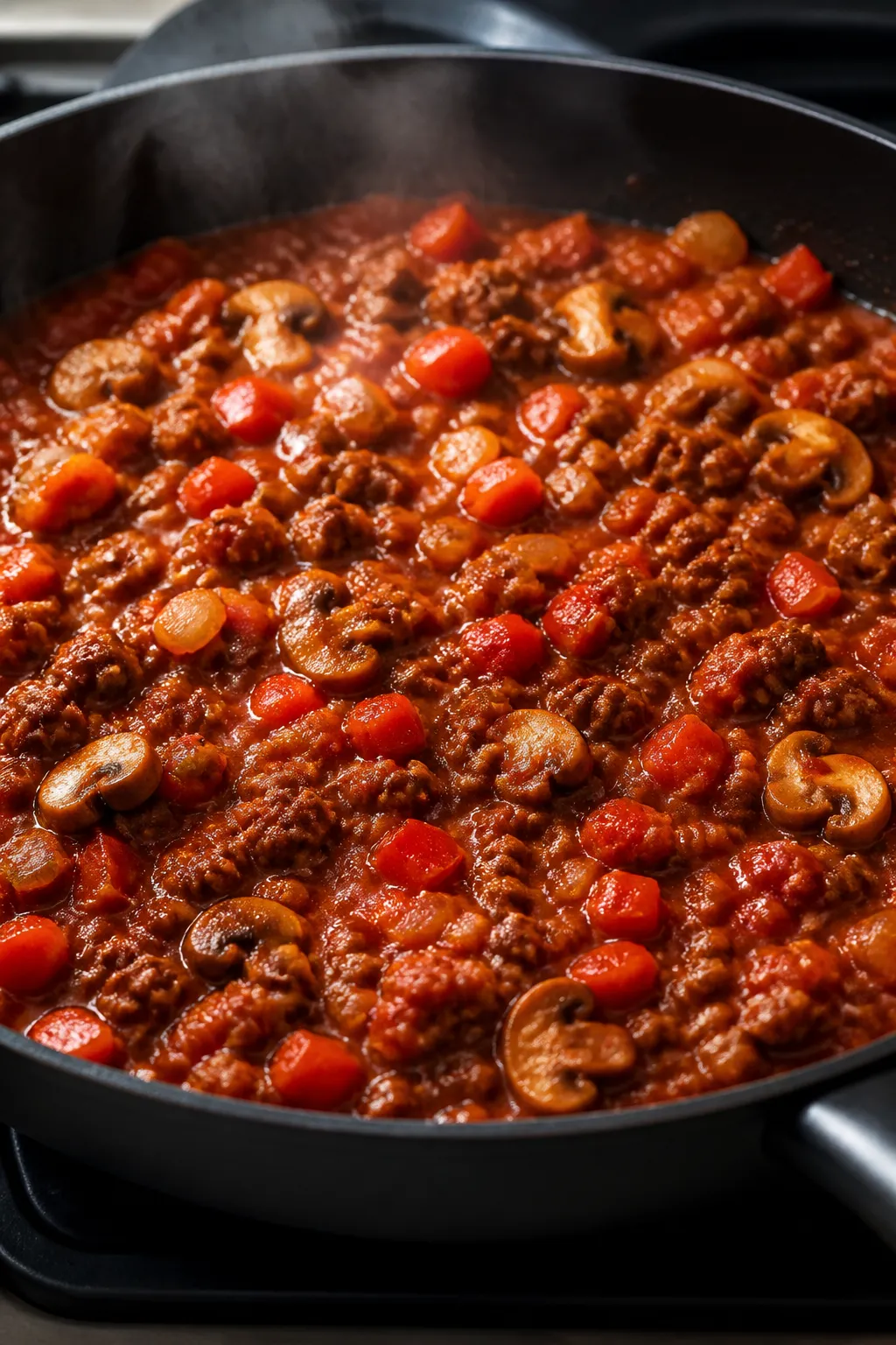 Cooking process, skillet close-up: Lean ground beef browned and crumbled with diced yellow onion, re