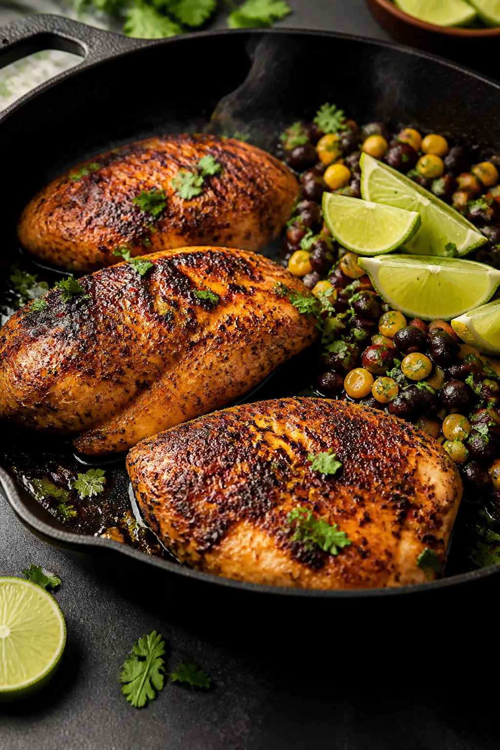 Cooking process, skillet sear: Juicy chili-lime seasoned chicken breasts sizzling in a cast-iron ski