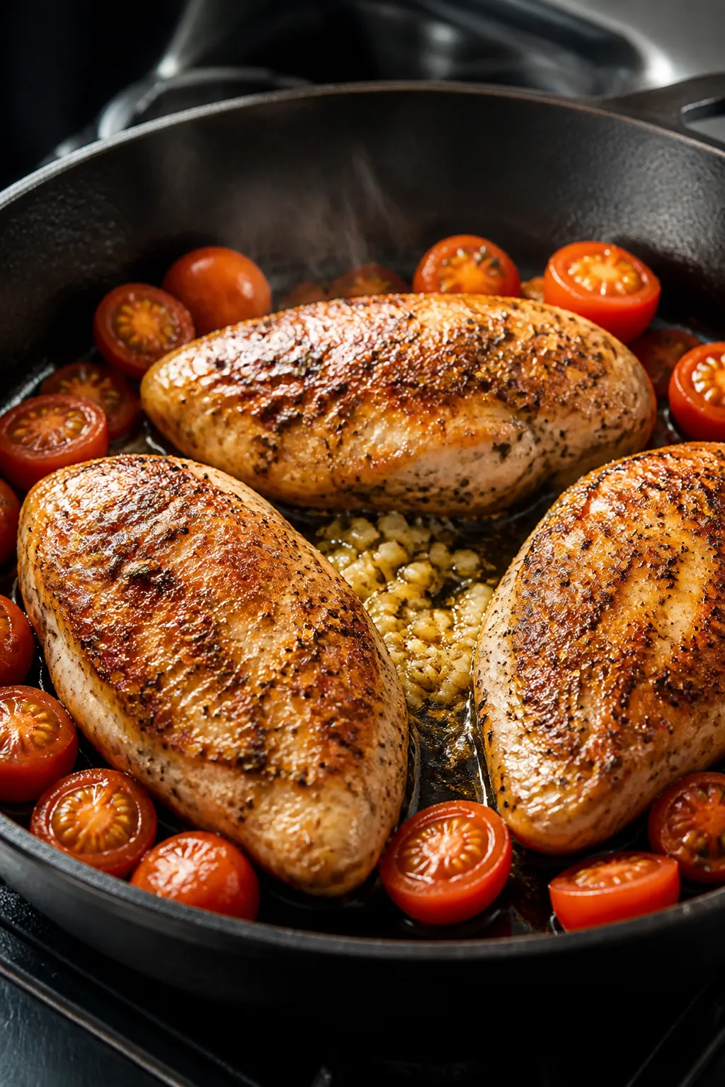 Cooking process, skillet sear: Juicy, golden-browned chicken breasts sizzling in a large cast-iron s